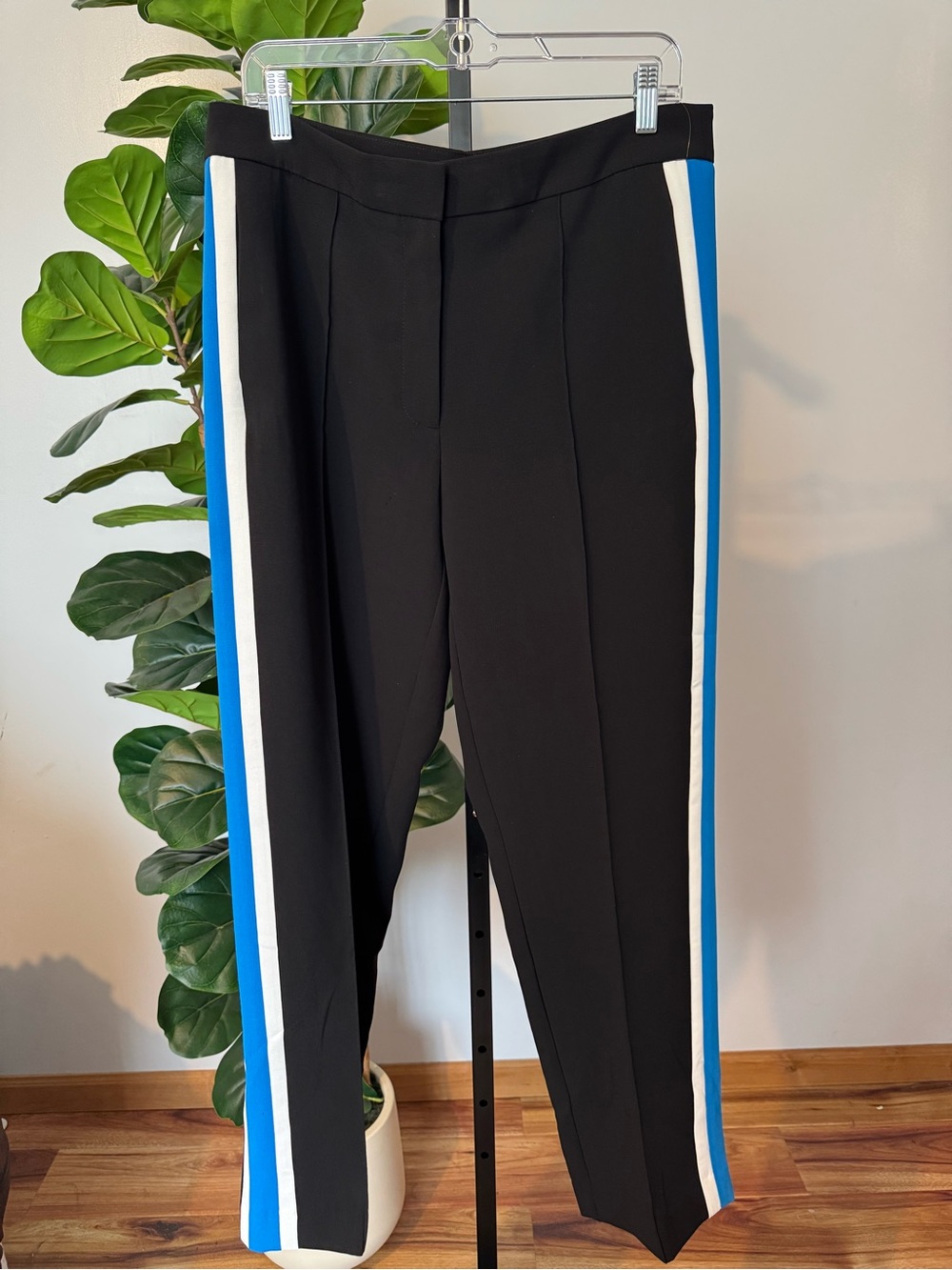 Karl Lagerfeld Black Straight-Leg Pants with Blue and White Side Stripes